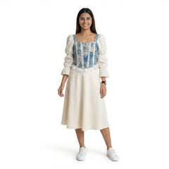 Women’s Printed Corset Top with Sheer Puff Sleeves & Black Wide-Leg Pants – Elegant Party Outfit Set