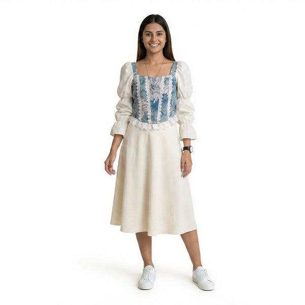 Women’s Printed Corset Top with Sheer Puff Sleeves & Black Wide-Leg Pants – Elegant Party Outfit Set
