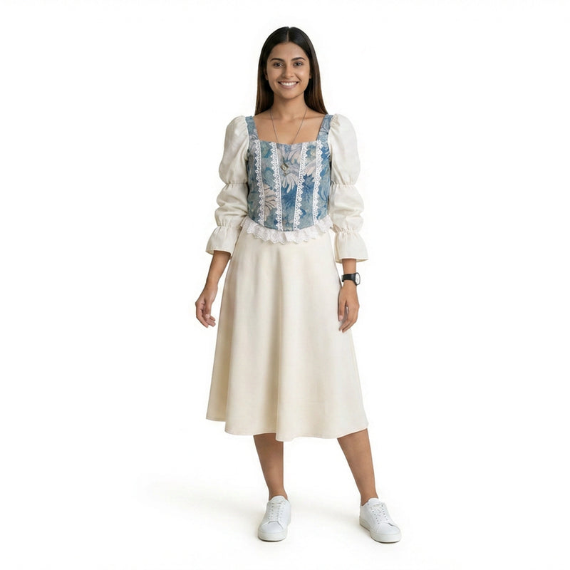 Women’s Printed Corset Top with Sheer Puff Sleeves & Black Wide-Leg Pants – Elegant Party Outfit Set