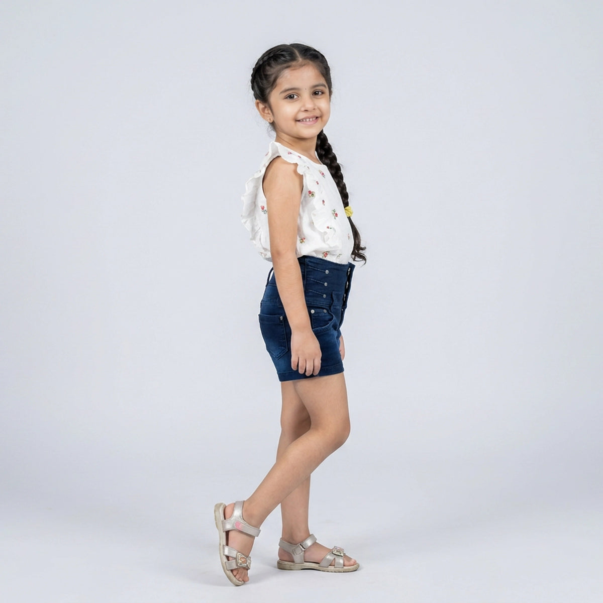 Girls Dark Blue Denim High-Waist Button Front Shorts