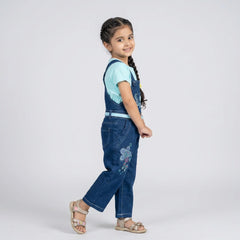 Girls Denim Dungaree Jumpsuit with T-Shirt – Cute Floral Embroidered Casual Outfit for Kids