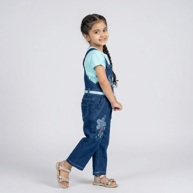 Girls Denim Dungaree Jumpsuit with T-Shirt – Cute Floral Embroidered Casual Outfit for Kids