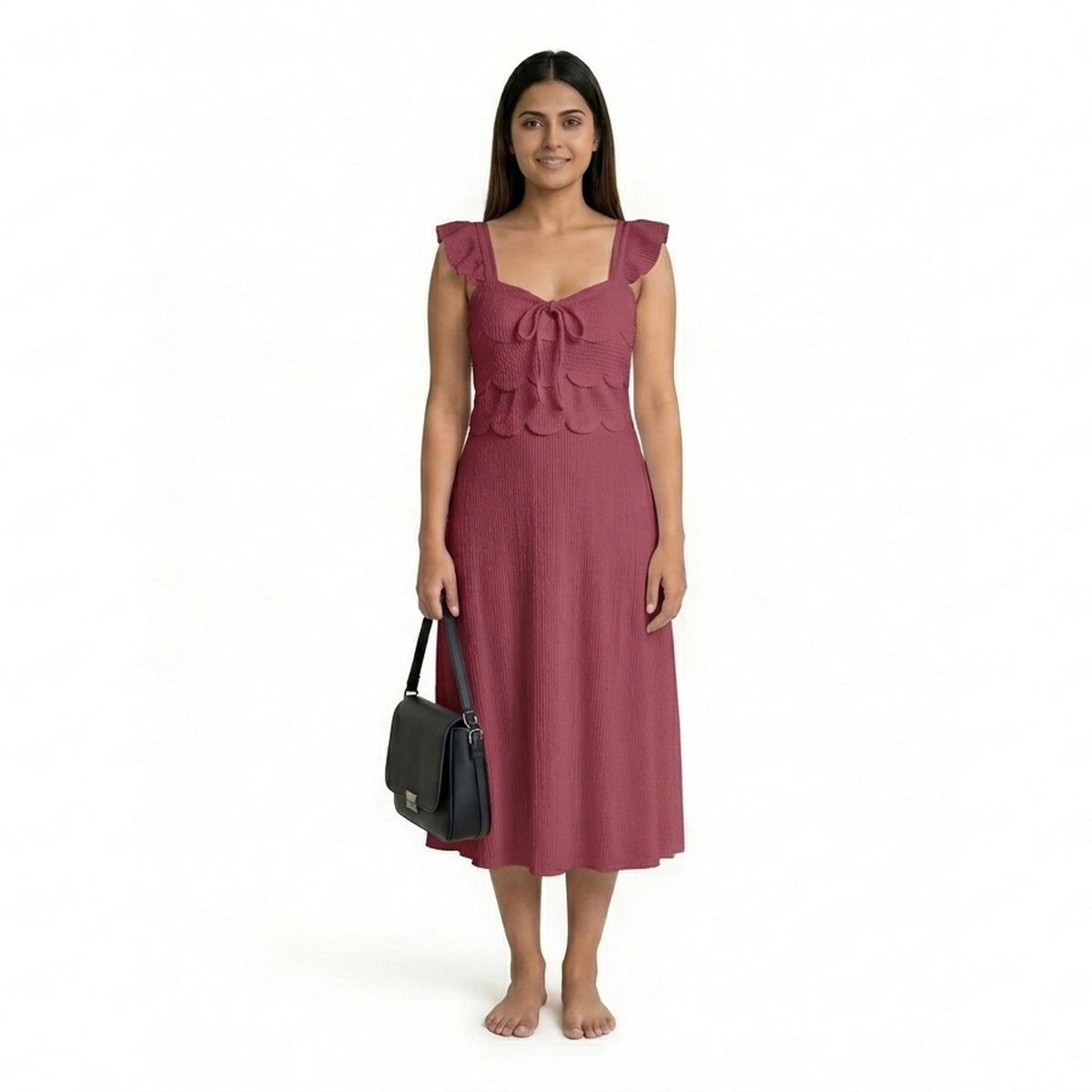 Ribbed Midi Dress with Ruffle Sleeves & Tie Front – Elegant A-Line Summer Dress for Women - image 13