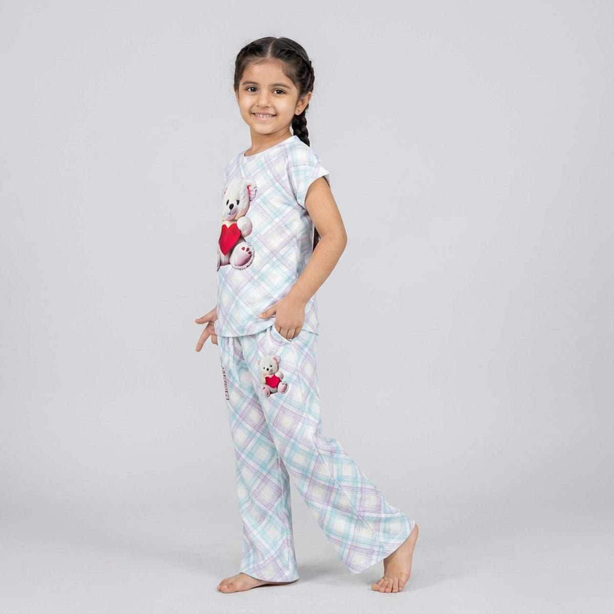 Girls Blue Plaid Teddy Bear Print Cotton T-Shirt & Pyjama Set