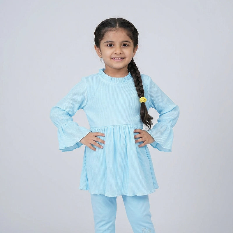 Girls Blush Pink A-Line Kurti with Leggings Set – Elegant Long Sleeve Casual & Festive Wear Outfit for Kids