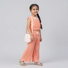 Girls Ribbed Co-Ord Set with Wide Leg Pants & Sling Bag – Stylish Casual Outfit for Kids