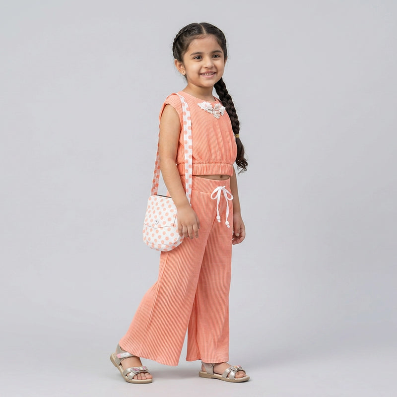 Girls Ribbed Co-Ord Set with Wide Leg Pants & Sling Bag – Stylish Casual Outfit for Kids