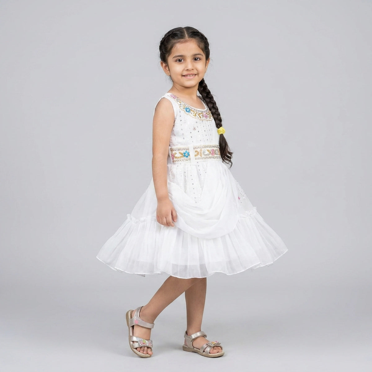 Girls White Embellished Draped Party Dress with Floral Embroidered Belt