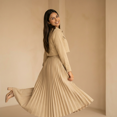 Women’s Pleated Maxi Dress with Crop Shirt Top – Elegant Long Sleeve Dress