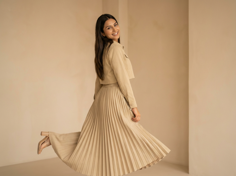 Women’s Pleated Maxi Dress with Crop Shirt Top – Elegant Long Sleeve Dress