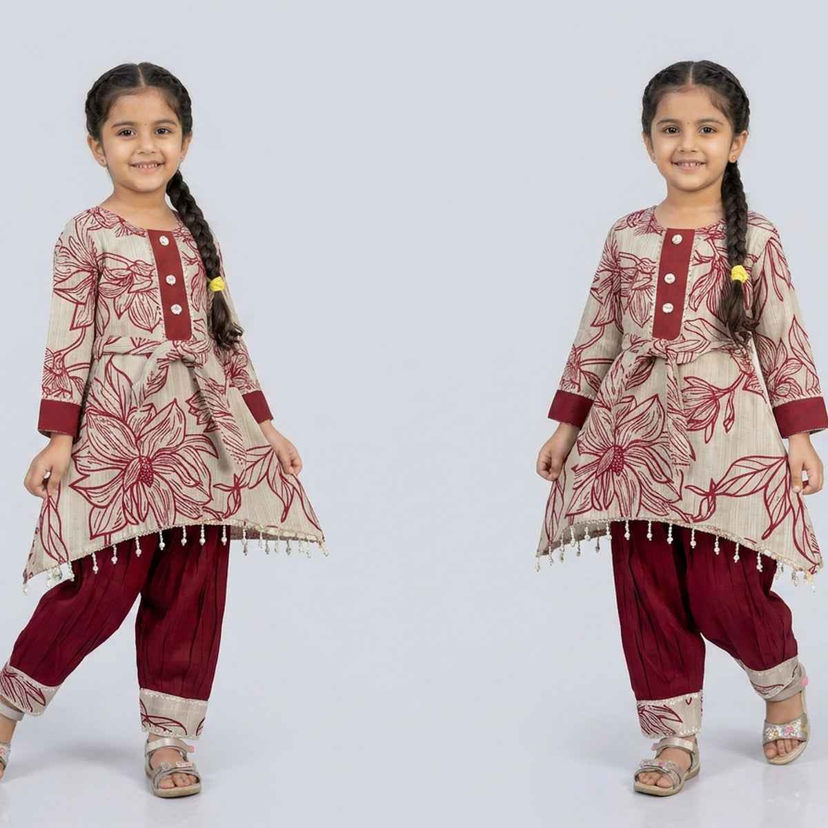 Girls' Maroon Printed Cotton Ethnic Dress