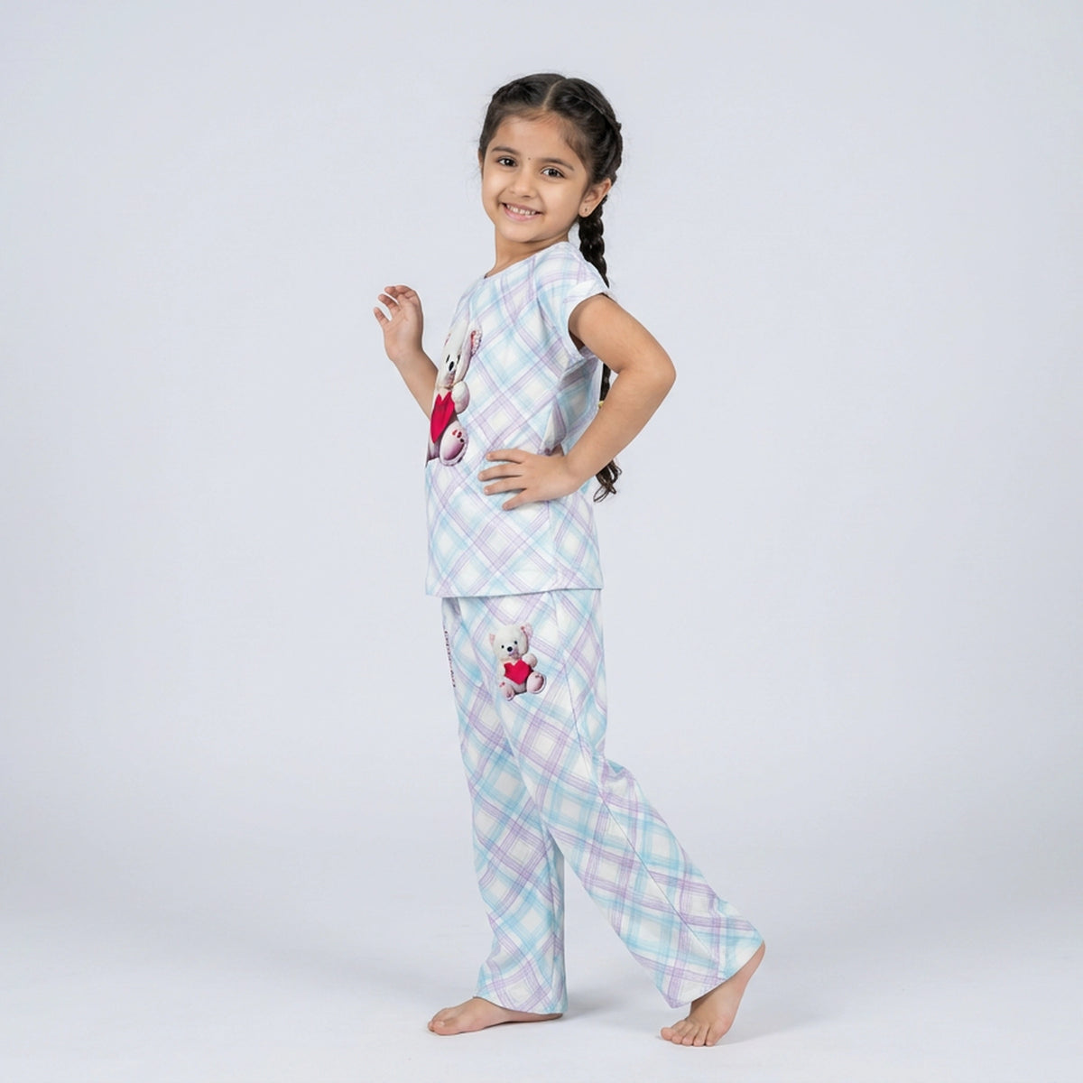 Girls Blue Plaid Teddy Bear Print Cotton T-Shirt & Pyjama Set