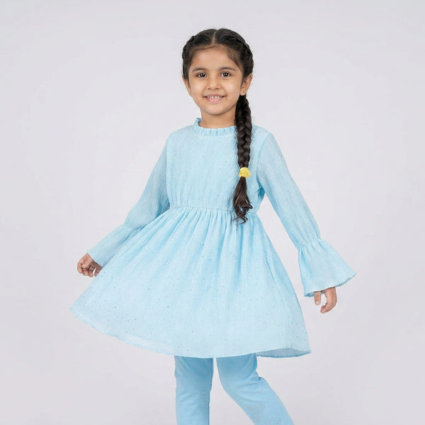 Girls Blush Pink A-Line Kurti with Leggings Set – Elegant Long Sleeve Casual & Festive Wear Outfit for Kids