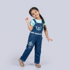 Girls Denim Dungaree Jumpsuit with T-Shirt – Cute Floral Embroidered Casual Outfit for Kids