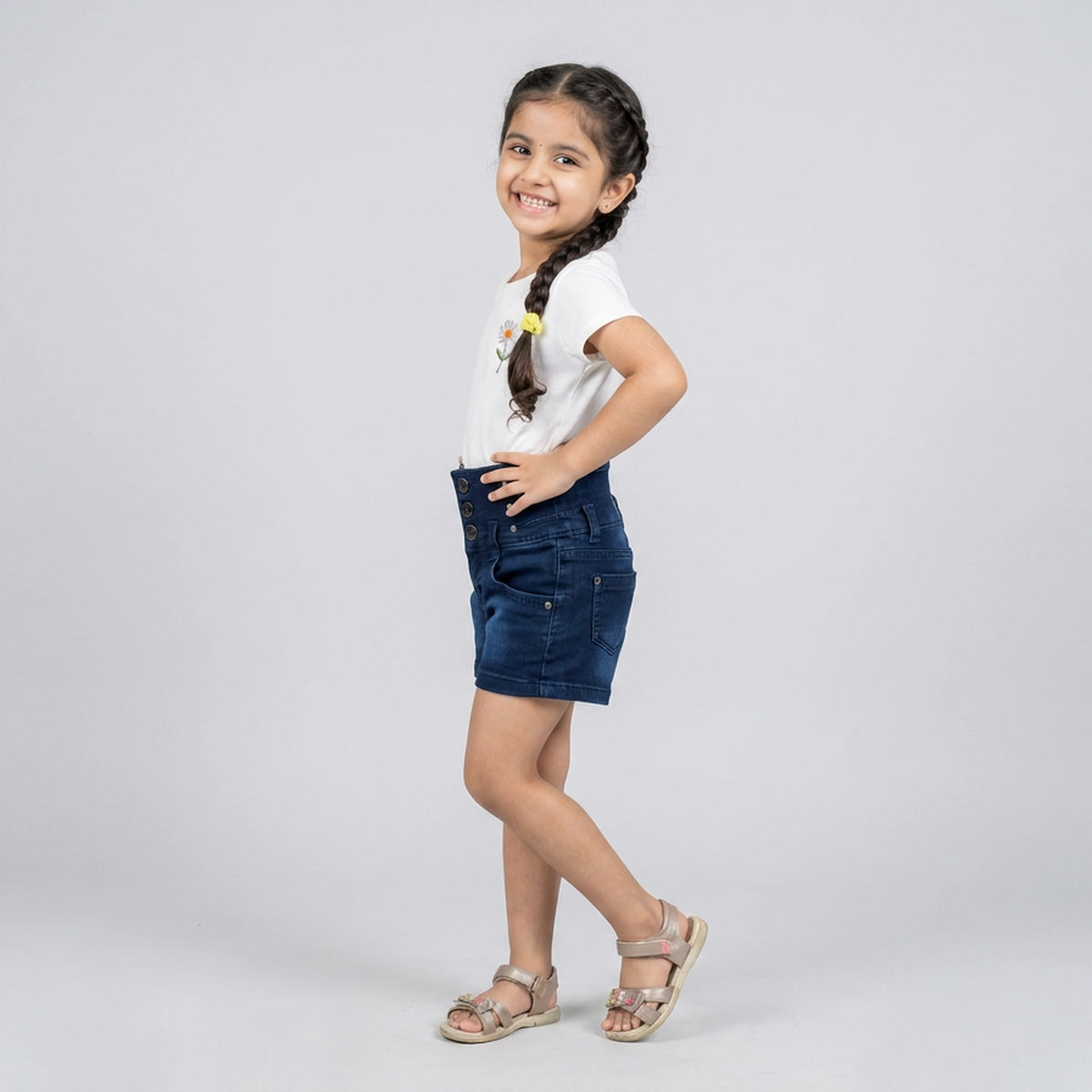 Girls Dark Blue Denim High-Waist Button Front Shorts