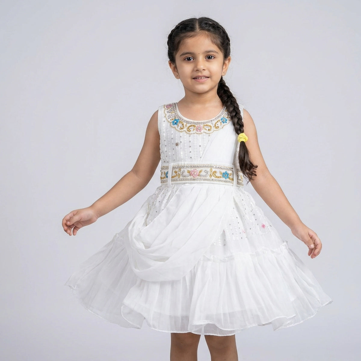 Girls White Embellished Draped Party Dress with Floral Embroidered Belt