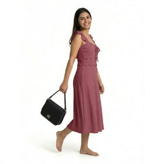 Ribbed Midi Dress with Ruffle Sleeves & Tie Front – Elegant A-Line Summer Dress for Women