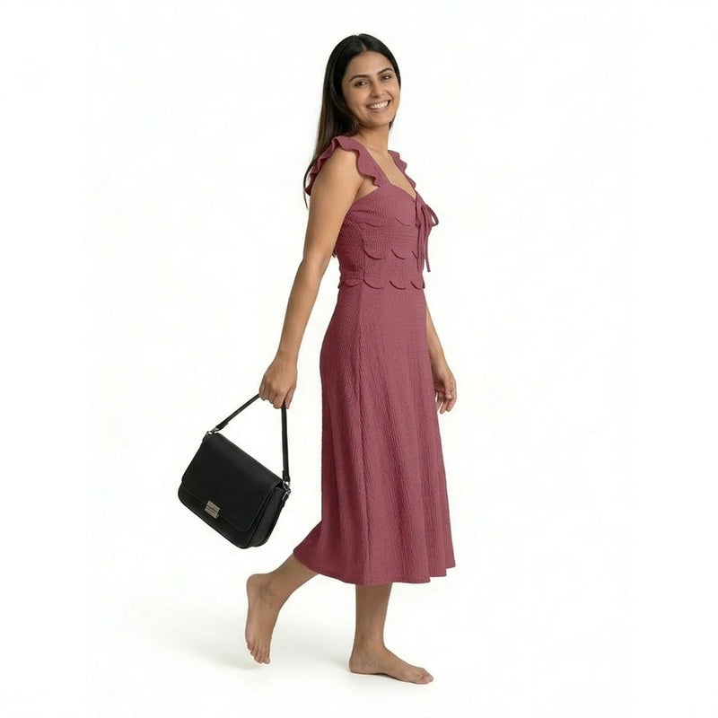 Ribbed Midi Dress with Ruffle Sleeves & Tie Front – Elegant A-Line Summer Dress for Women