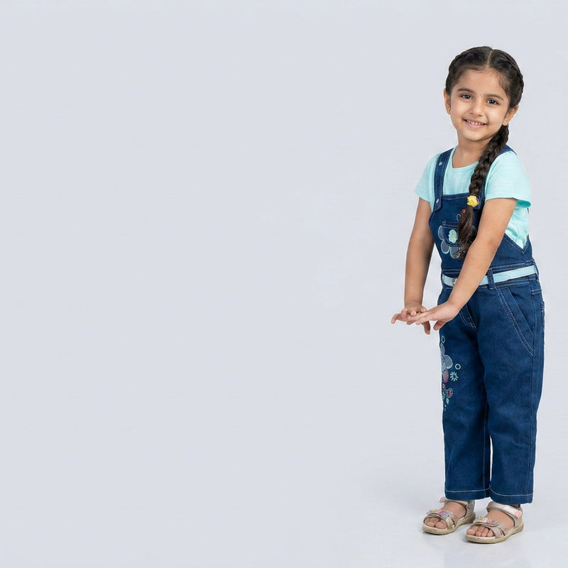 Girl wearing blue denim dungaree jumpsuit with red t-shirt floral embroidered casual outfit for kids stylish girls clothing
