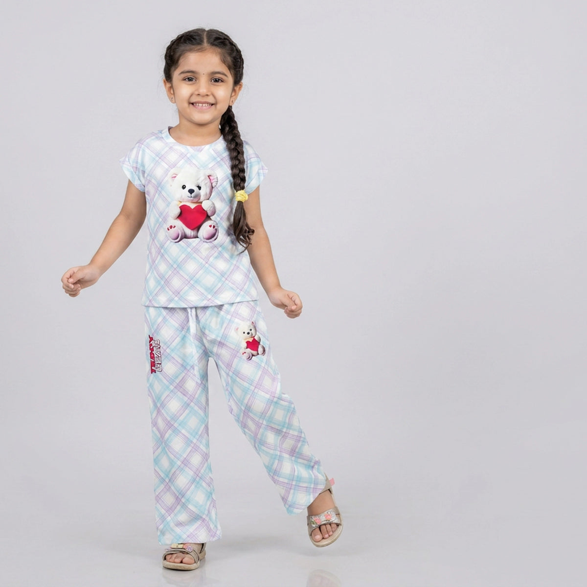 Girls Blue Plaid Teddy Bear Print Cotton T-Shirt & Pyjama Set