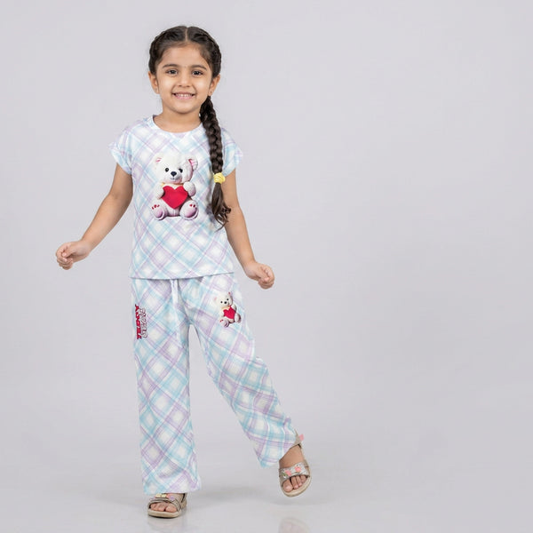 Girls Blue Plaid Teddy Bear Print Cotton T-Shirt & Pyjama Set