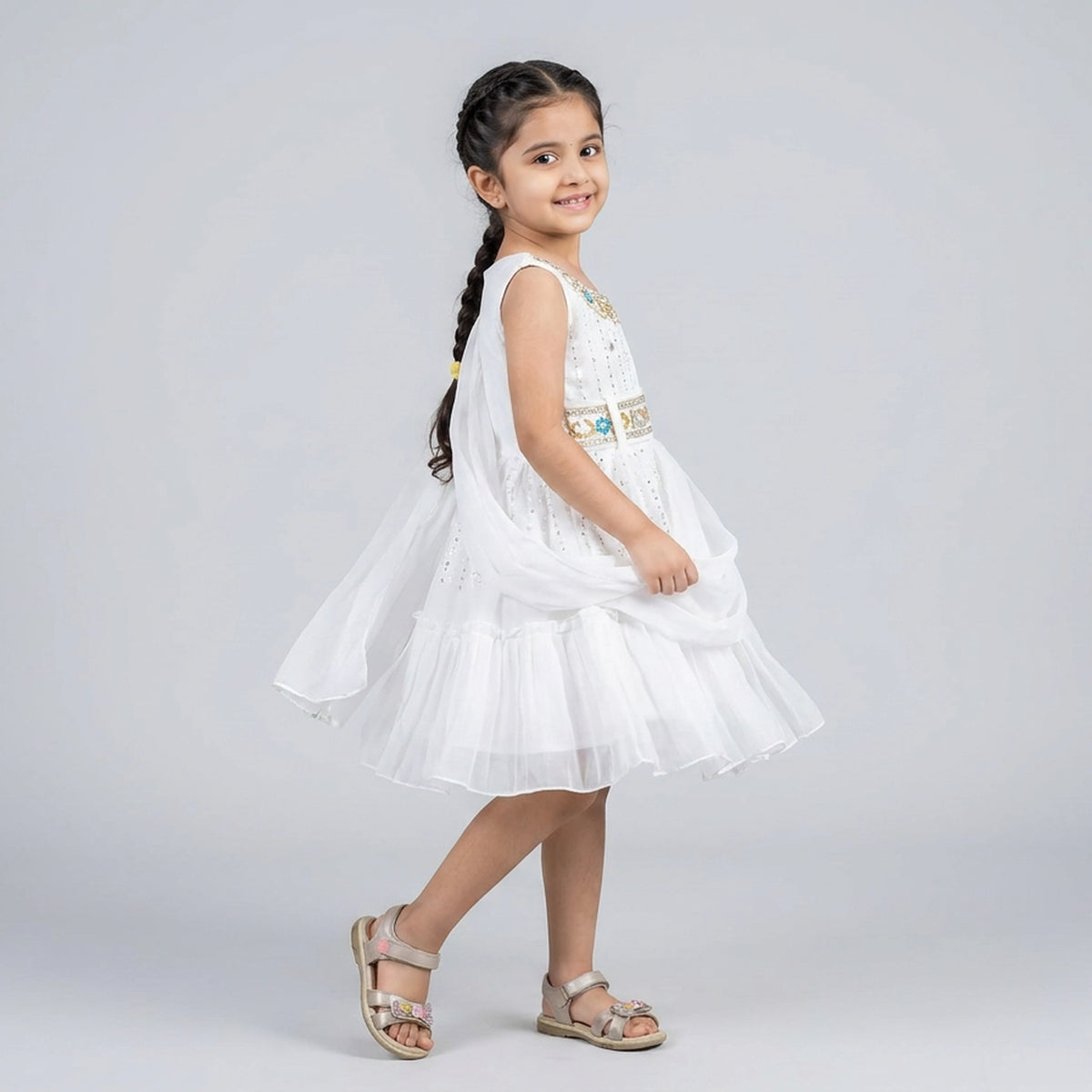 Girls White Embellished Draped Party Dress with Floral Embroidered Belt
