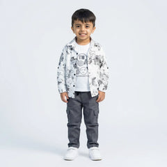 Boys White Floral Printed Shirt with Grey Cargo Pants – Smart Casual Kids Outfit KD-MV-B-SET-10063