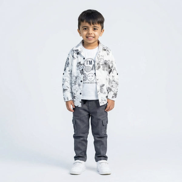 Boys White Floral Printed Shirt with Grey Cargo Pants – Smart Casual Kids Outfit KD-MV-B-SET-10063
