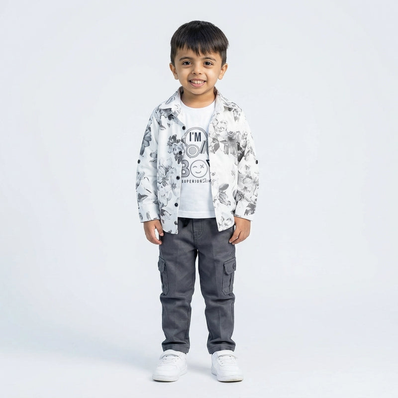 Boys White Floral Printed Shirt with Grey Cargo Pants – Smart Casual Kids Outfit KD-MV-B-SET-10063