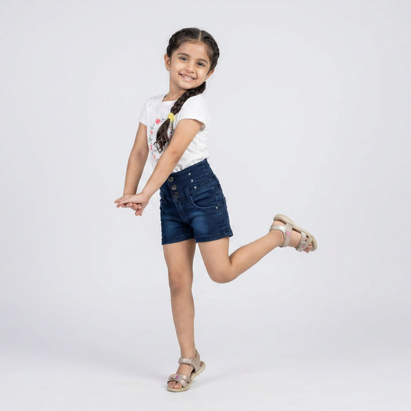 Girls Dark Blue Denim High-Waist Button Front Shorts