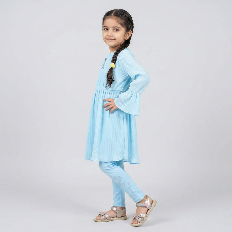 Girls Blush Pink A-Line Kurti with Leggings Set – Elegant Long Sleeve Casual & Festive Wear Outfit for Kids