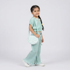 Girls Ribbed Co-Ord Set with Wide Leg Pants & Sling Bag – Stylish Casual Outfit for Kids