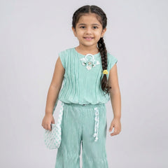 Girls Ribbed Co-Ord Set with Wide Leg Pants & Sling Bag – Stylish Casual Outfit for Kids
