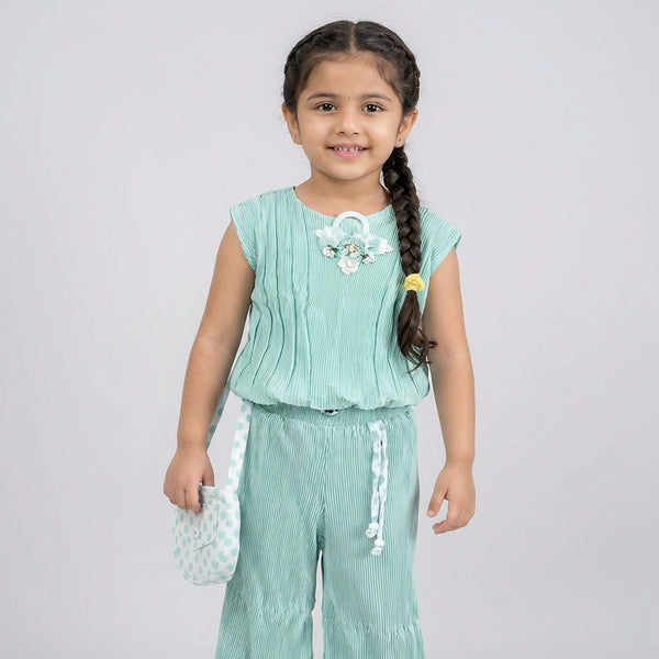 Girls Ribbed Co-Ord Set with Wide Leg Pants & Sling Bag – Stylish Casual Outfit for Kids