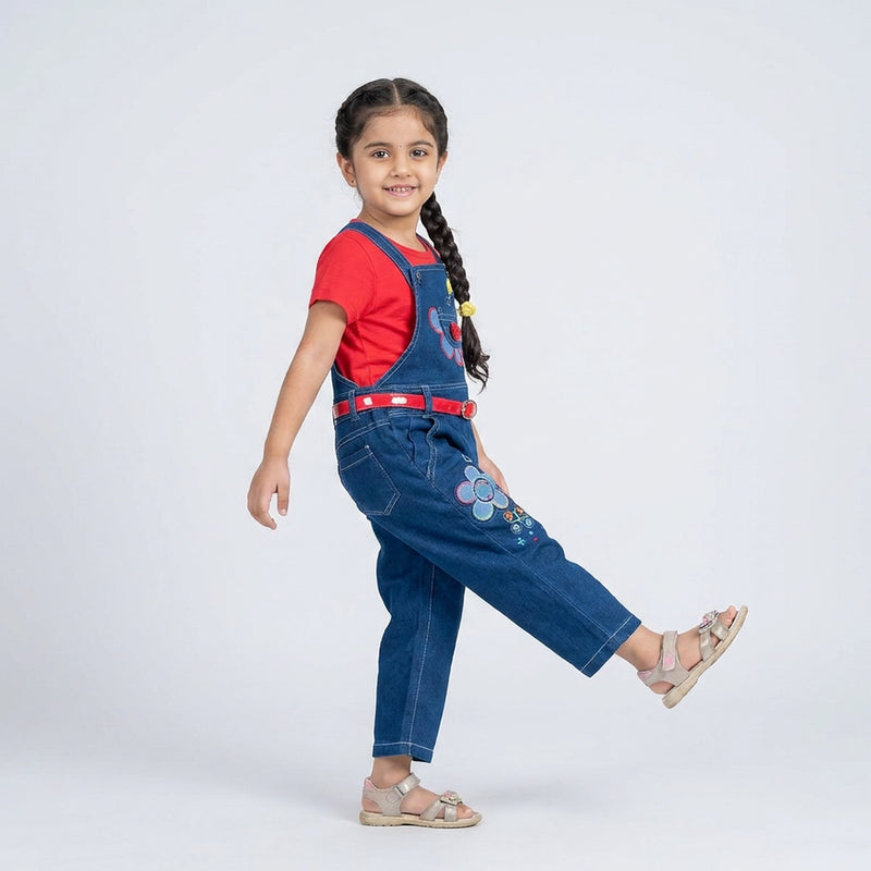Girls Denim Dungaree Jumpsuit with T-Shirt – Cute Floral Embroidered Casual Outfit for Kids