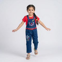 Girls Denim Dungaree Jumpsuit with T-Shirt – Cute Floral Embroidered Casual Outfit for Kids