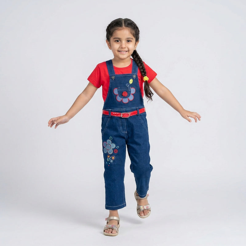 Girls Denim Dungaree Jumpsuit with T-Shirt – Cute Floral Embroidered Casual Outfit for Kids