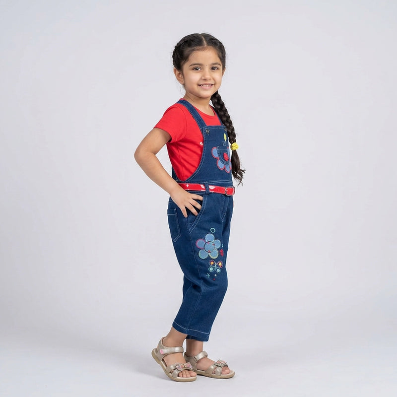 Girls Denim Dungaree Jumpsuit with T-Shirt – Cute Floral Embroidered Casual Outfit for Kids