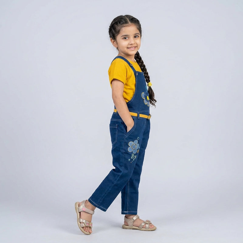 Girls Denim Dungaree Jumpsuit with T-Shirt – Cute Floral Embroidered Casual Outfit for Kids