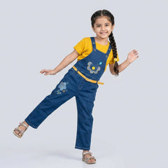 Girls Denim Dungaree Jumpsuit with T-Shirt – Cute Floral Embroidered Casual Outfit for Kids