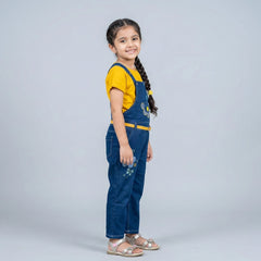 Girls Denim Dungaree Jumpsuit with T-Shirt – Cute Floral Embroidered Casual Outfit for Kids