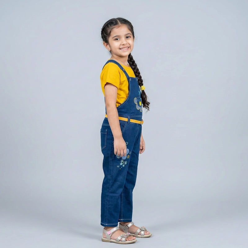 Girls Denim Dungaree Jumpsuit with T-Shirt – Cute Floral Embroidered Casual Outfit for Kids