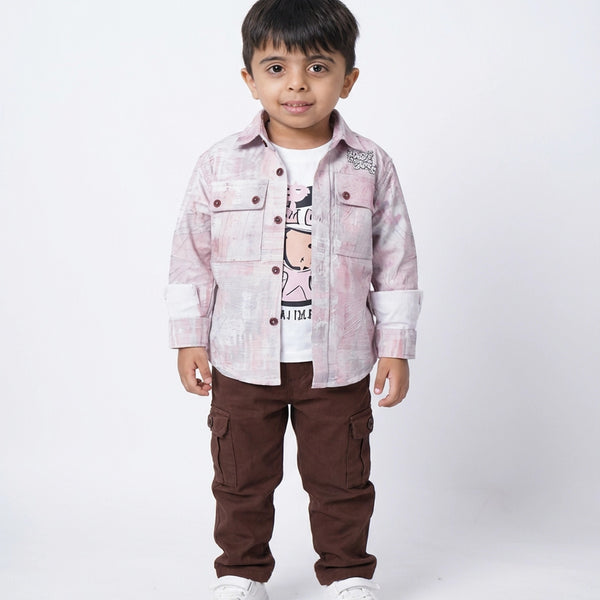 BOYS Printed Shirt with Graphic T-Shirt and Casual Pants Set