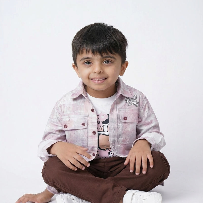 BOYS Printed Shirt with Graphic T-Shirt and Casual Pants Set