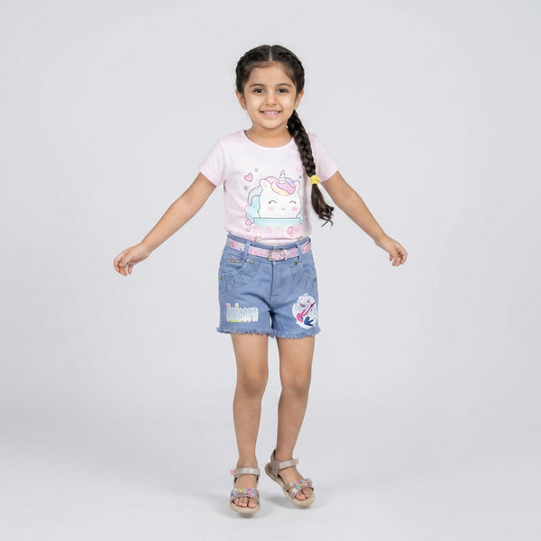 Girls Blue Denim Frayed Hem Shorts with Unicorn Print and Belt