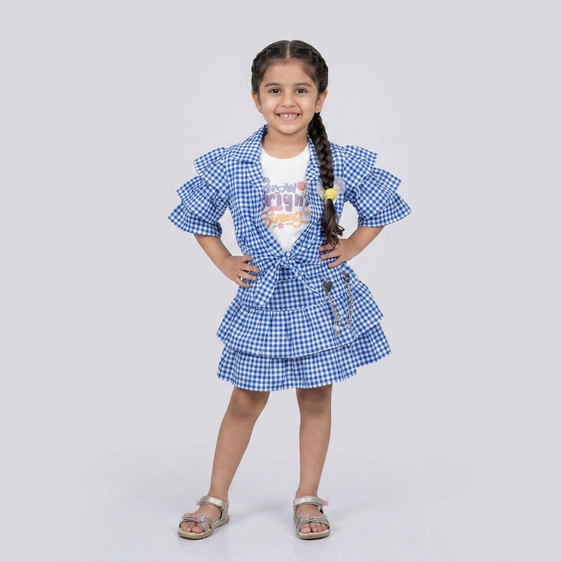 Girls Gingham Co-Ord Skirt Set with Ruffle Sleeves – Stylish Casual & Party Wear Outfit for Kids