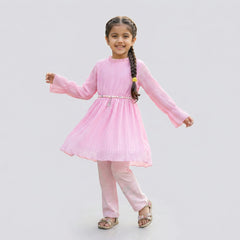 Girls Blush Pink A-Line Kurti with Leggings Set – Elegant Long Sleeve Casual & Festive Wear Outfit for Kids