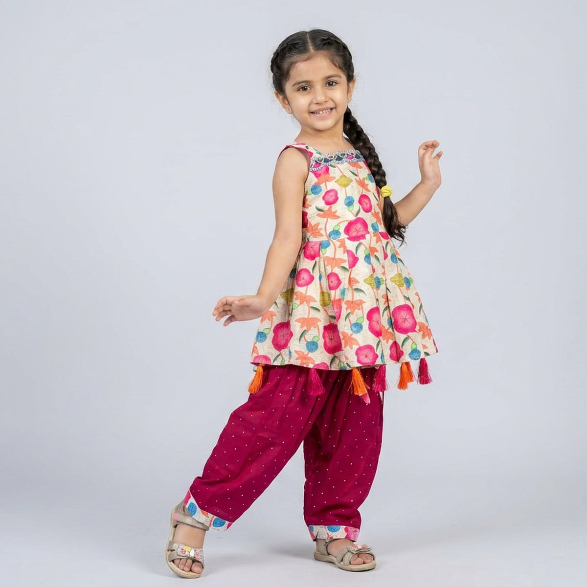 Girls Floral Print Peplum Top with Dhoti Salwar Set – Ethnic Indo-Western Kids Wear