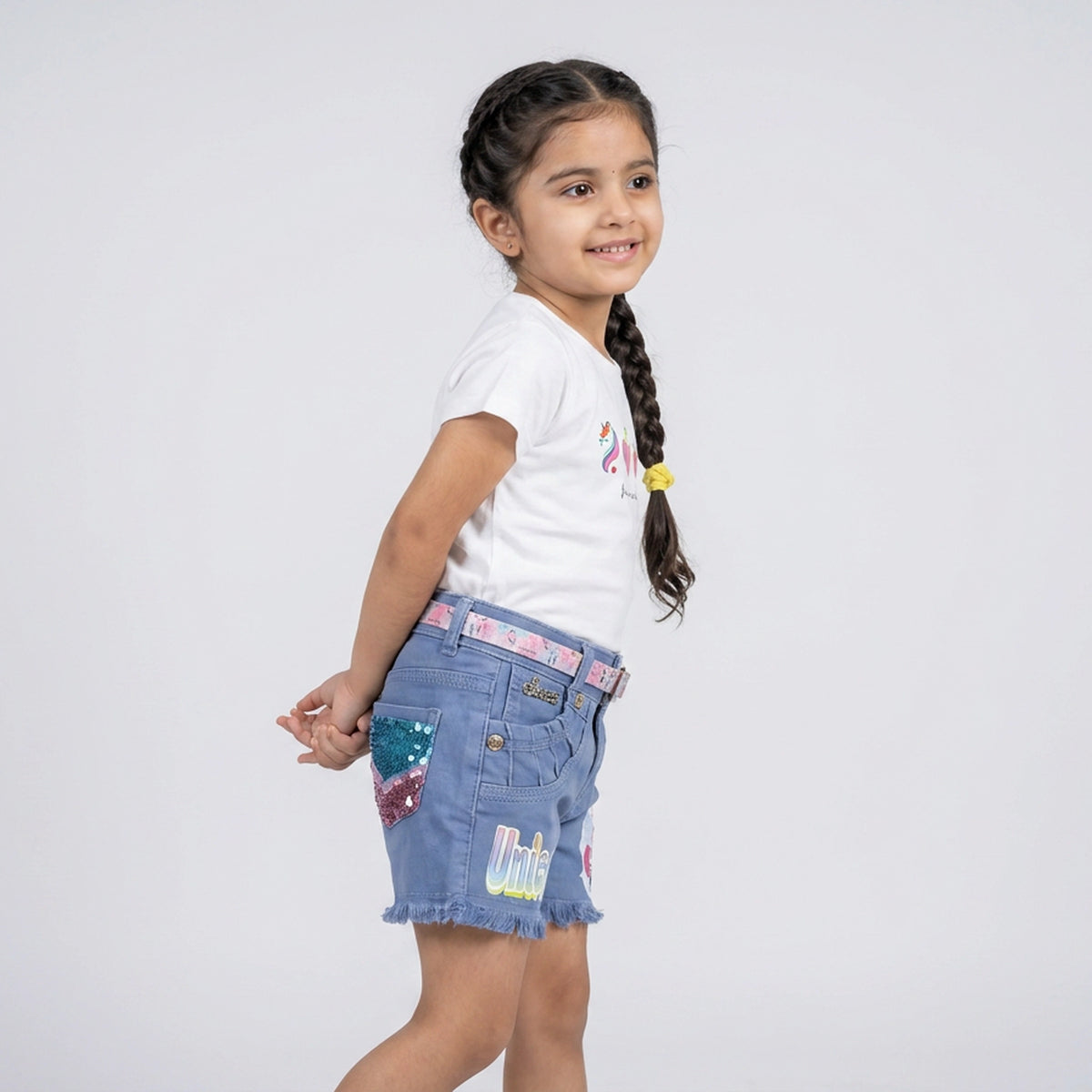 Girls Blue Denim Frayed Hem Shorts with Unicorn Print and Belt