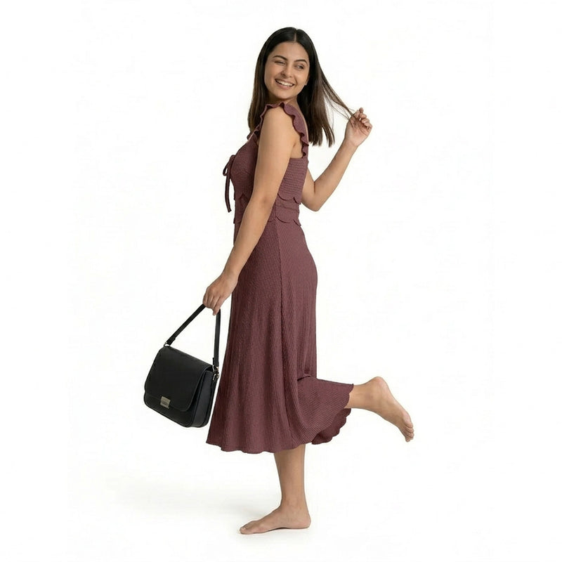 Ribbed Midi Dress with Ruffle Sleeves & Tie Front – Elegant A-Line Summer Dress for Women